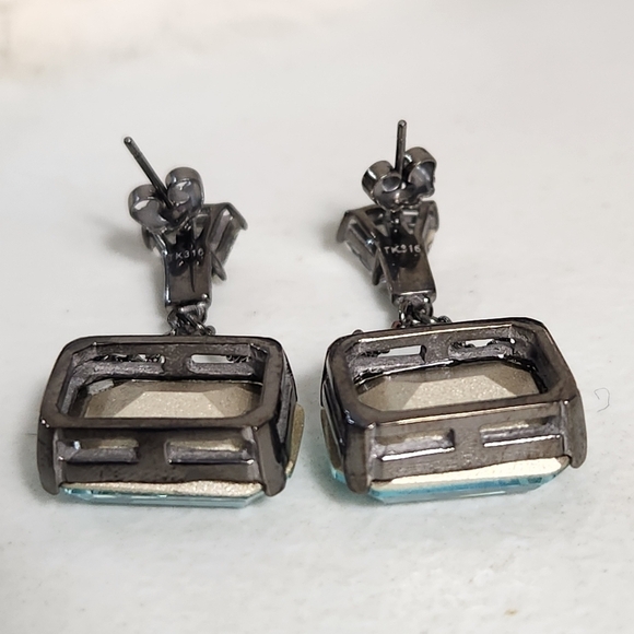 Emerald Cut 14.20ct Sea Blue Aquamarine Gunmetal Statement Dangle Earrings - Picture 8 of 9